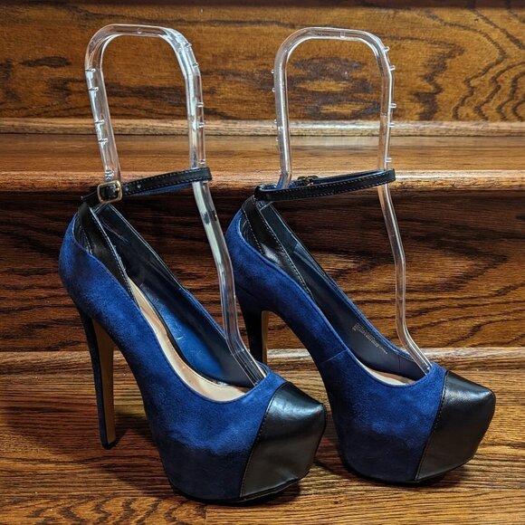 H by Halston Size 6M Blue Suede Platform Stilletto High Heels Black Leather t… - Picture 3 of 8